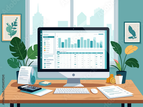 a modern home office setup witha computer monitor displaying financial spreadsheets, Coastal Calm Empower Teal accents, calculator, invoices