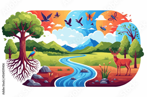A vibrant illustration depicting a harmonious ecosystem filled with diverse natural elements.