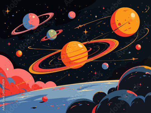 create a depiction of outer space, simple design using Victorian printing style, multi color