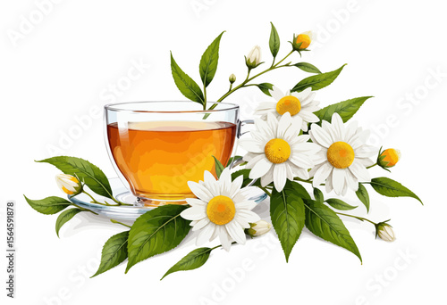 Herbal tea cup with chamomile flowers and green leaves on white  