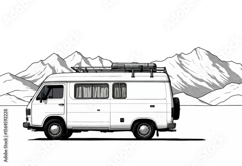 White camper van parked in front of mountains on a sunny day  