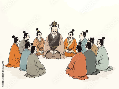 Prince calmly surrounded by 10 peasants talking over each other, with overlapping gestures, wearing a traditional court robe, broad forehead, narrow elongated eyes