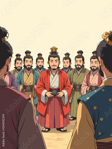 Prince calmly surrounded by 10 peasants talking over each other, with overlapping gestures, wearing a traditional court robe, broad forehead, narrow elongated eyes