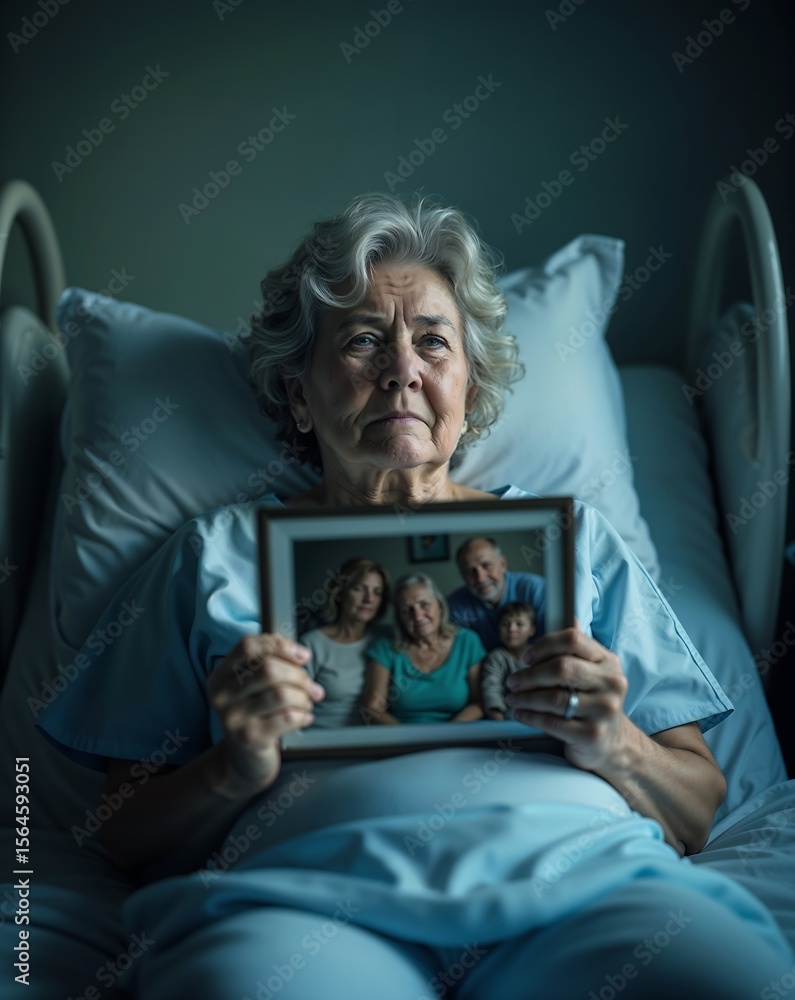 Naklejka premium Lonely Elderly Woman in Hospital – Emotional Isolation and Fear During Illness 