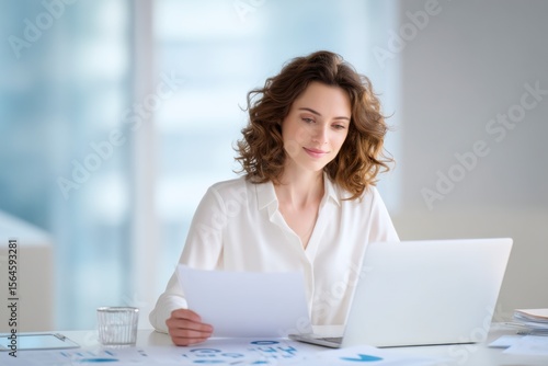 A young woman in a white shirt reviews documents at her desk, working with a laptop in a bright office environment.