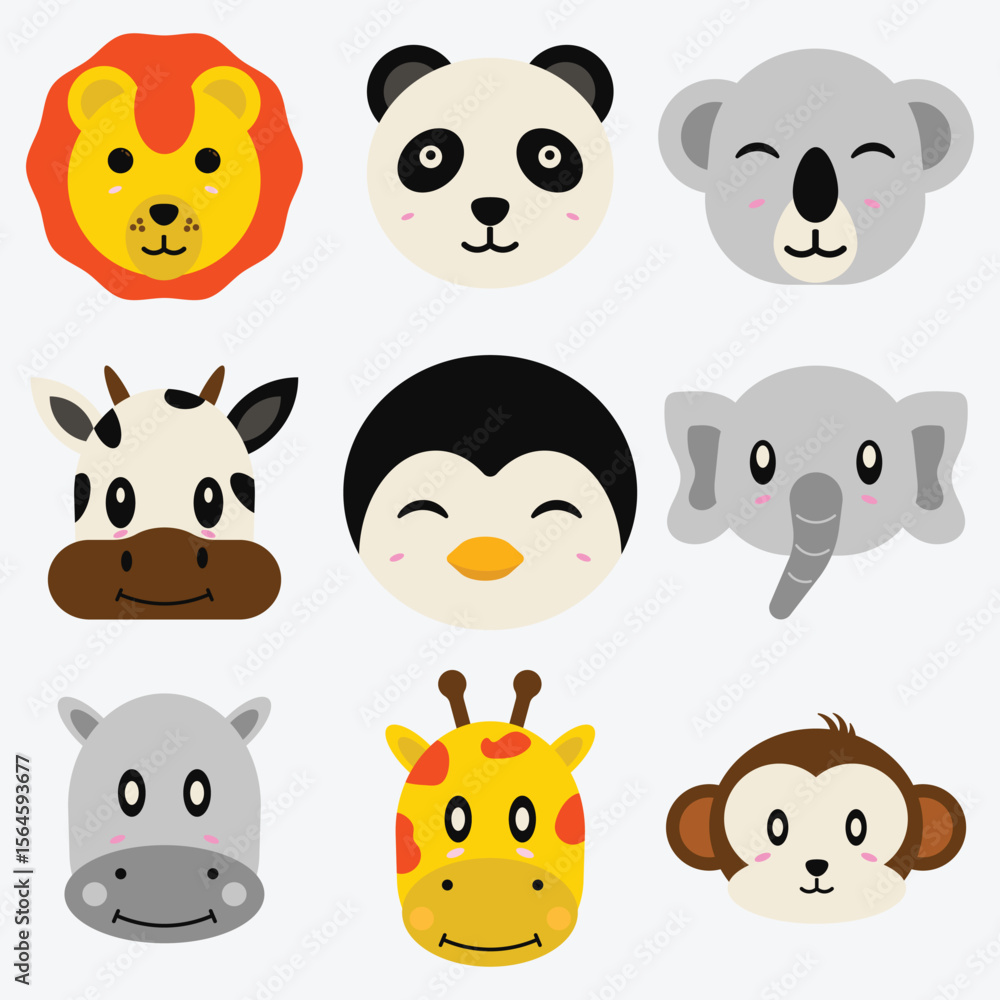 Fototapeta premium Set of kawaii animal faces including lion, panda, koala, giraffe, monkey, penguin, hippo, elephant, and cow. Colorful flat design perfect for kids, stickers, and educational materials.