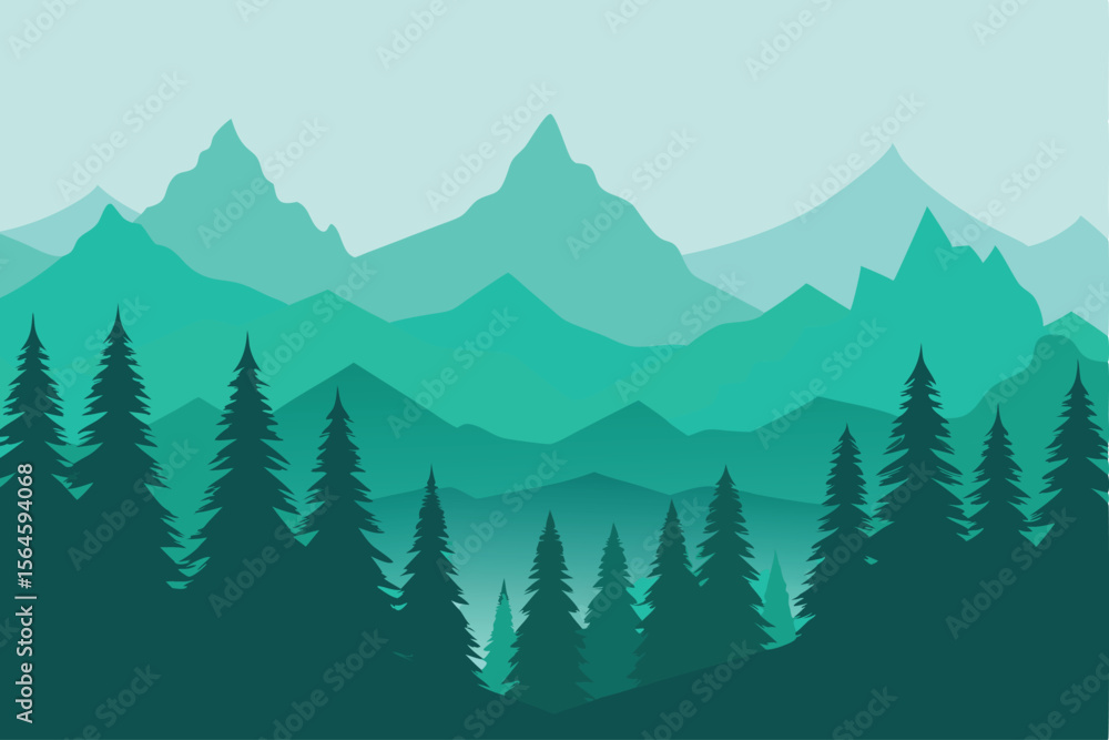 Fototapeta premium Serene Mountain Landscape Green Forest and Misty Peaks Illustration