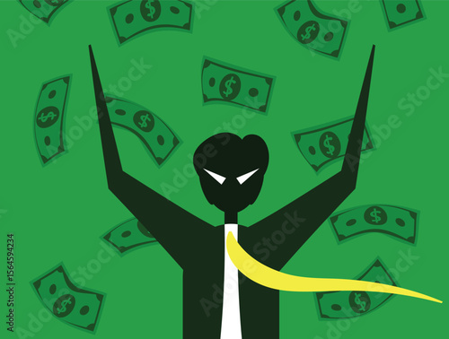 a man who wastes money. a greedy and rich evil boss. minimalist character design. an evil ceo who likes to waste money. surrounded by falling dollar bills against a green background.