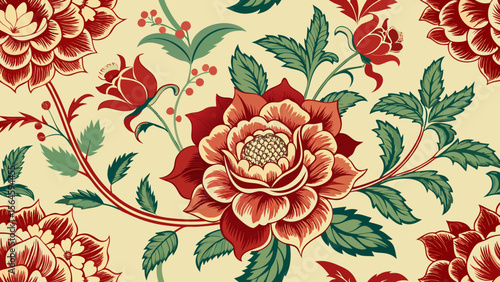 Vintage floral pattern with red and cream roses and green leaves