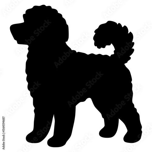 Minimalist silhouette of curly dog standing. Silhouette of poodle with curly coat and curled tail