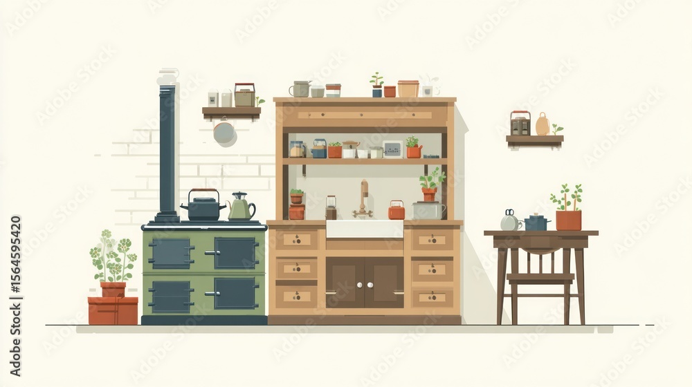 Fototapeta premium Vintage kitchen interior illustration