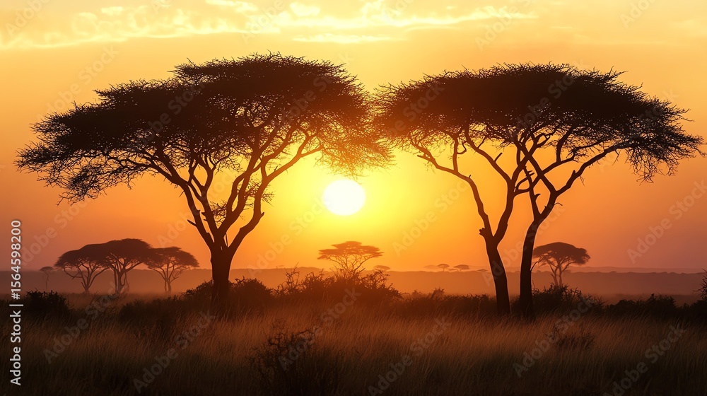 A stunning sunrise in the African savanna showcasing silhouetted acacia trees against a photo-realistic golden sky. A stunning sunrise in the African savanna showcasing silhouetted acacia trees against a photo-realistic golden sky.
