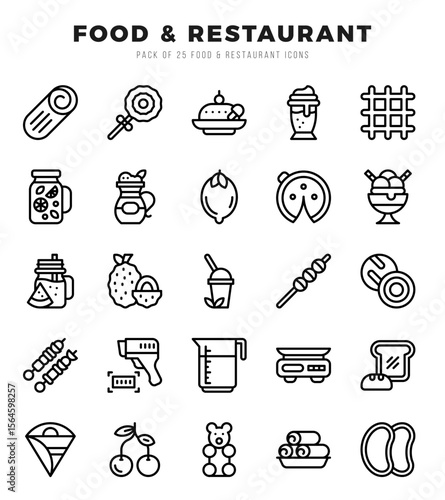Set of simple Lineal Food and Restaurant Icons. Lineal art icons pack.