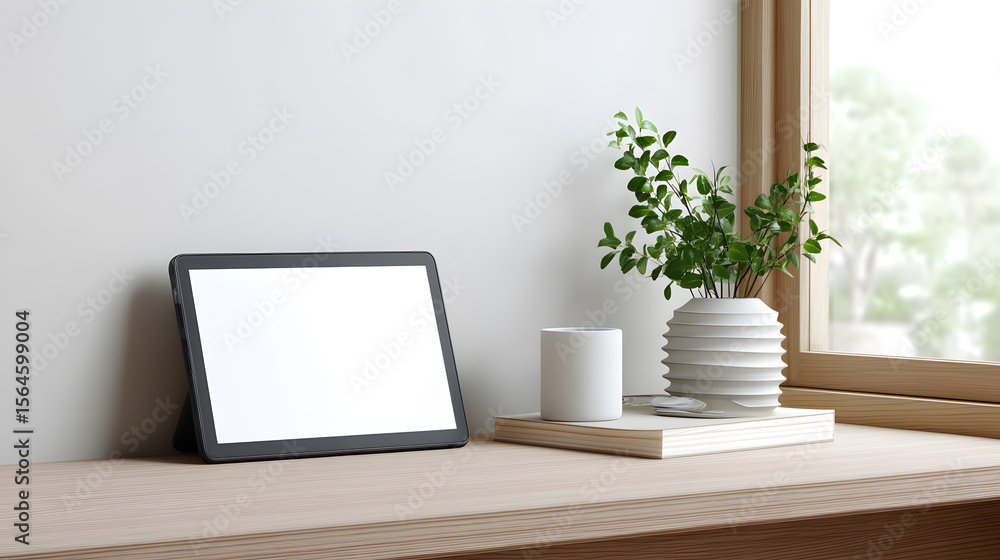 Fototapeta premium UI mockup on e-ink tablet in minimalist zen workspace