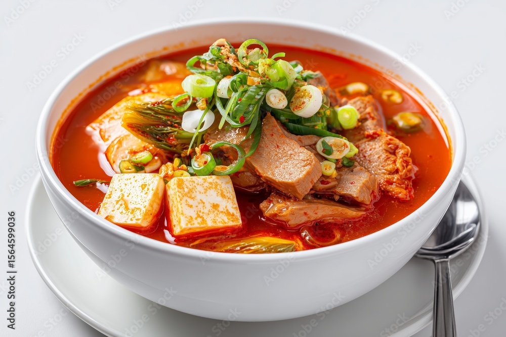 Delicious kimchi jjigae stew with pork and tofu served in a white bowl on a bright background highlighting the vibrant ingredients Delicious kimchi jjigae stew with pork and tofu served in a white bowl on a bright background highlighting the vibrant ingredients