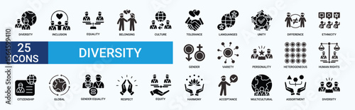 Diversity icon set. Containing equality, culture, languages, tolerance, difference, belonging, human rights and ethnicity icons. Glyph icon collection. Vector illustration.