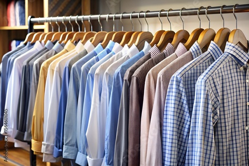 Elegant men's dress shirts hanging on wooden hangers, various colors and patterns, retail display, professional apparel.