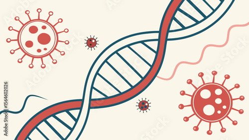 Stylized DNA Strand and Coronavirus Cells with Red and Blue Outlines.