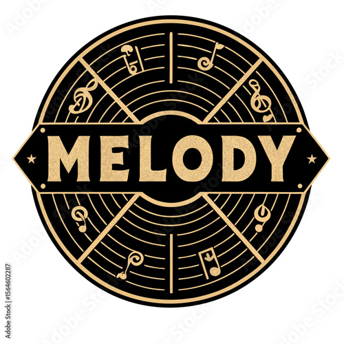 Vintage Melody Record Label Design Black and Gold Circular Emblem with Musical Notes.