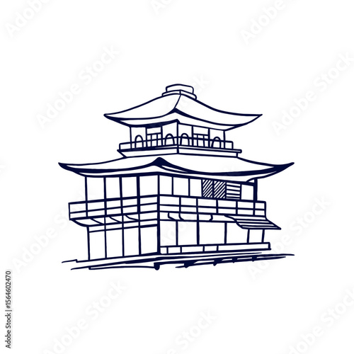 Japanese house. Silhouette of the building also in Chinese style. Hand drawn vector illustration. For travel postcards, invitations, banners, posters, booklets.