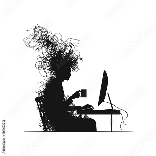 Silhouette of Overloaded Mind While Working at Laptop