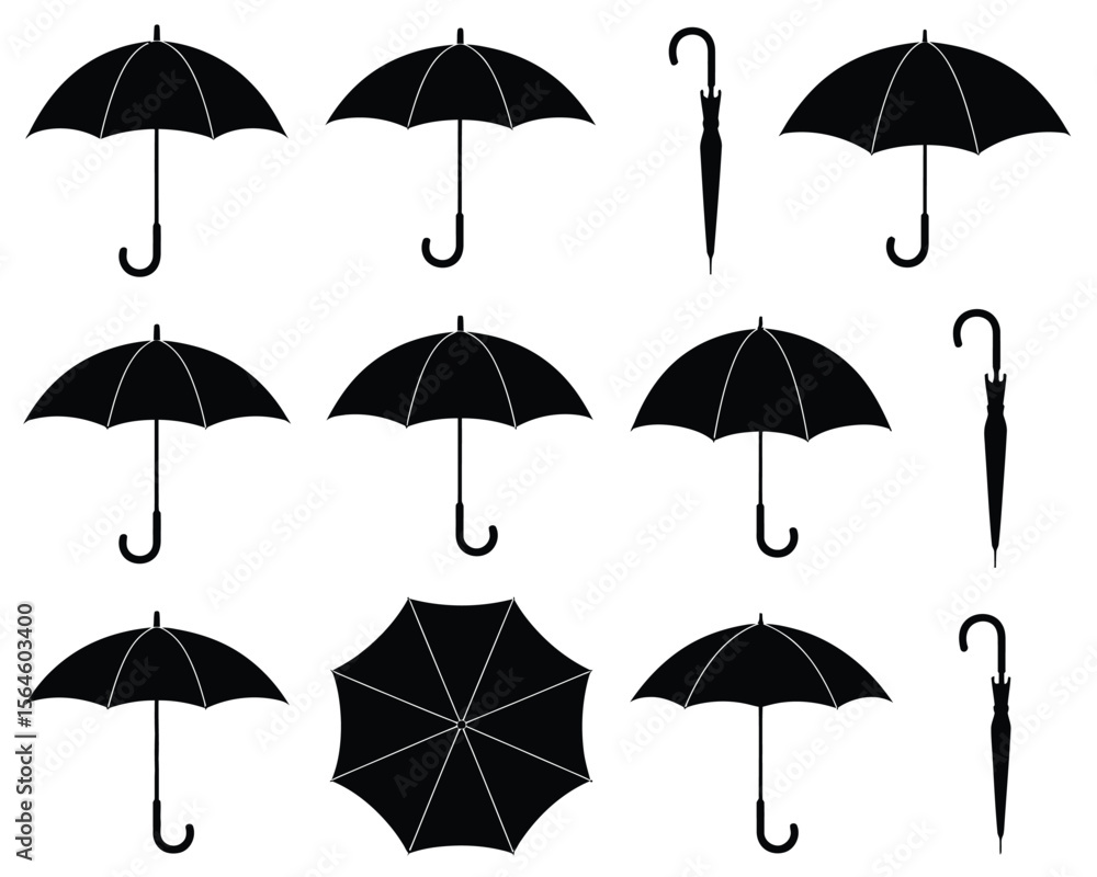Stylized Umbrella Vector Set in Bold Black Silhouettes Stylized Umbrella Vector Set in Bold Black Silhouettes