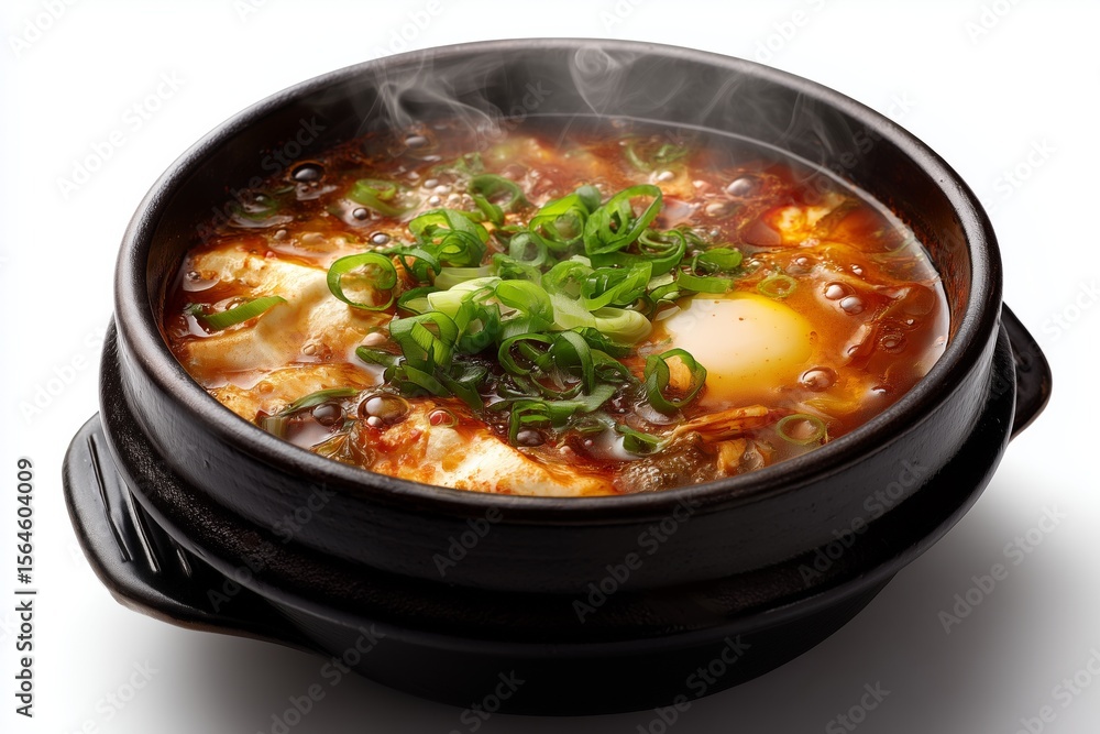 Delicious kimchi jjigae simmering in a hot stone bowl with fresh green onions in a minimalistic setting Delicious kimchi jjigae simmering in a hot stone bowl with fresh green onions in a minimalistic setting