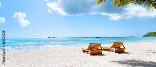 Vacation summer holidays background wallpaper - sunny tropical Caribbean paradise beach with white sand in Seychelles Praslin island Thailand style with palms