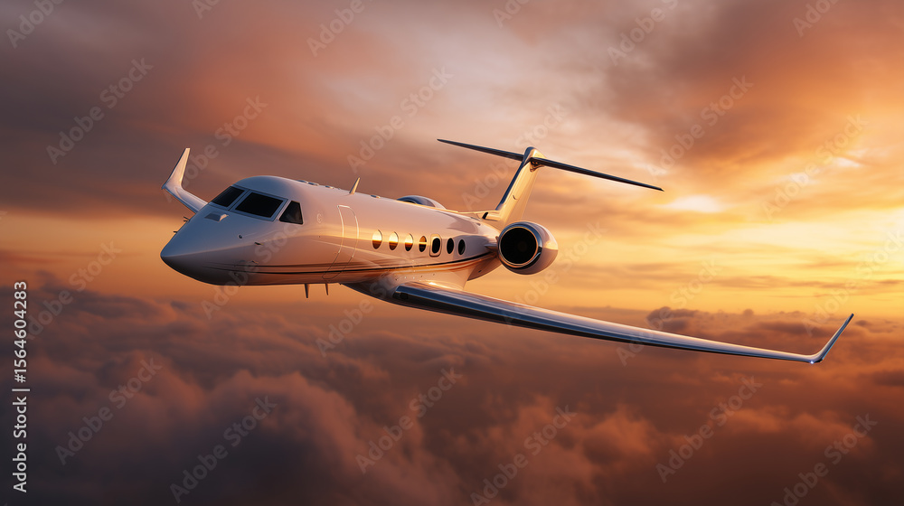 Fototapeta premium Private Jet Flying Through Sunset Sky