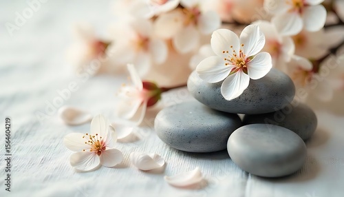 Zen spa stones, Black smooth stones and jasmine flowers, white magnolia flower resting on a smooth black stone, symbolizing peace and tranquility, created with generative ai