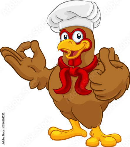 A chef chicken rooster cockerel cartoon character mascot doing a chefs okay perfect hand sign and thumbs up