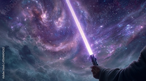 Close Up of Purple Lightsaber Ignited in Hand with Cosmic Background