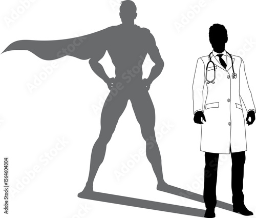 A superhero medical doctor man health care worker revealed by his shadow silhouette as a super hero in a cape.