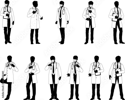 Silhouette doctor men medical healthcare people in lab coats. Some holding a clipboard or wearing PPE masks.