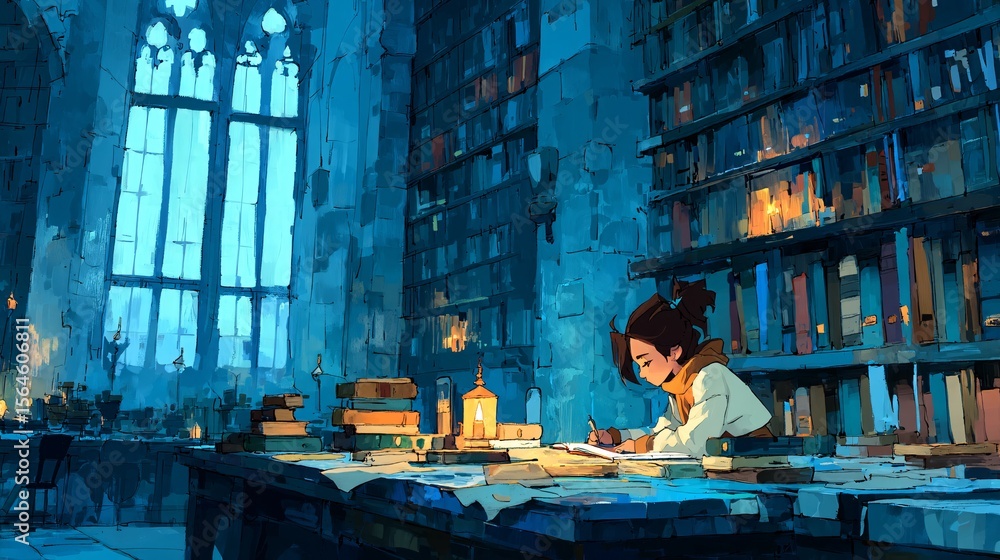 Serene Library Scene with Student Writing Amidst Books and Light Serene Library Scene with Student Writing Amidst Books and Light