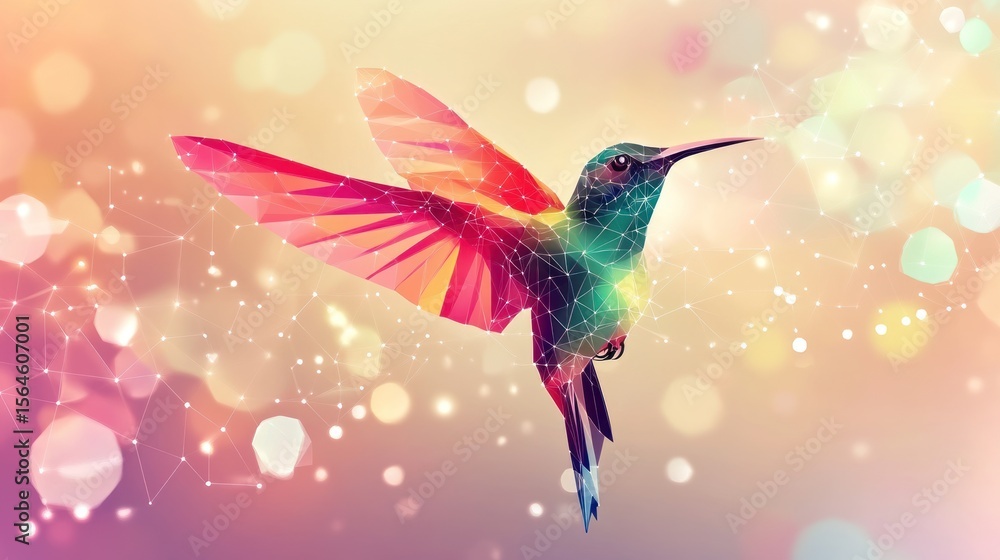 Obraz premium Geometric hummingbird in flight on bokeh background of peach, pink, and yellow hues