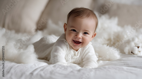 a cute baby giggling and smiling while lying on a fluffy cloud-like surface, with a gentle smile and bright, happy eyes. This image captures the pure joy and innocence of infancy