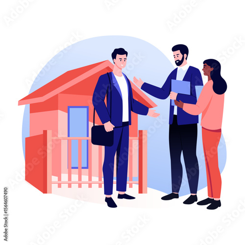 A flat style illustration showing a person doing property dealing