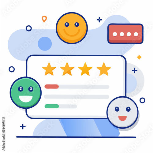 Customer feedback with star ratings and happy faces illustration
