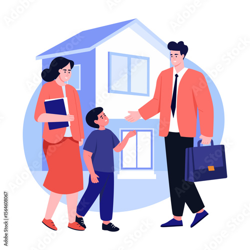 A flat style illustration showing a person doing house tour