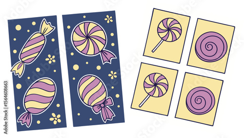 Cheerful candy stamps design featuring lollipops and wrapped candies ideal for sweet-themed graphics and invitations.
