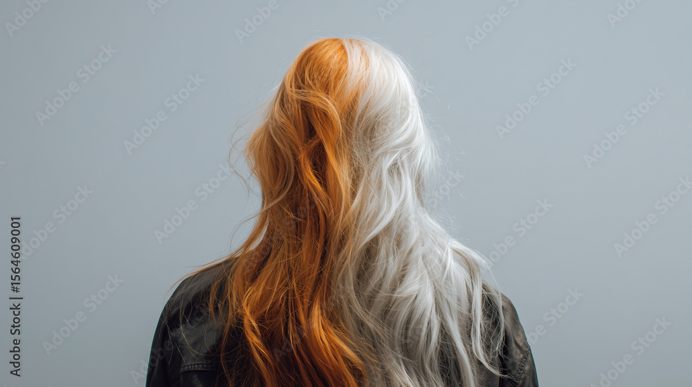 Fototapeta premium Woman with Two Tone Pastel Hair. Woman with black and brown hair color isolated on white background.