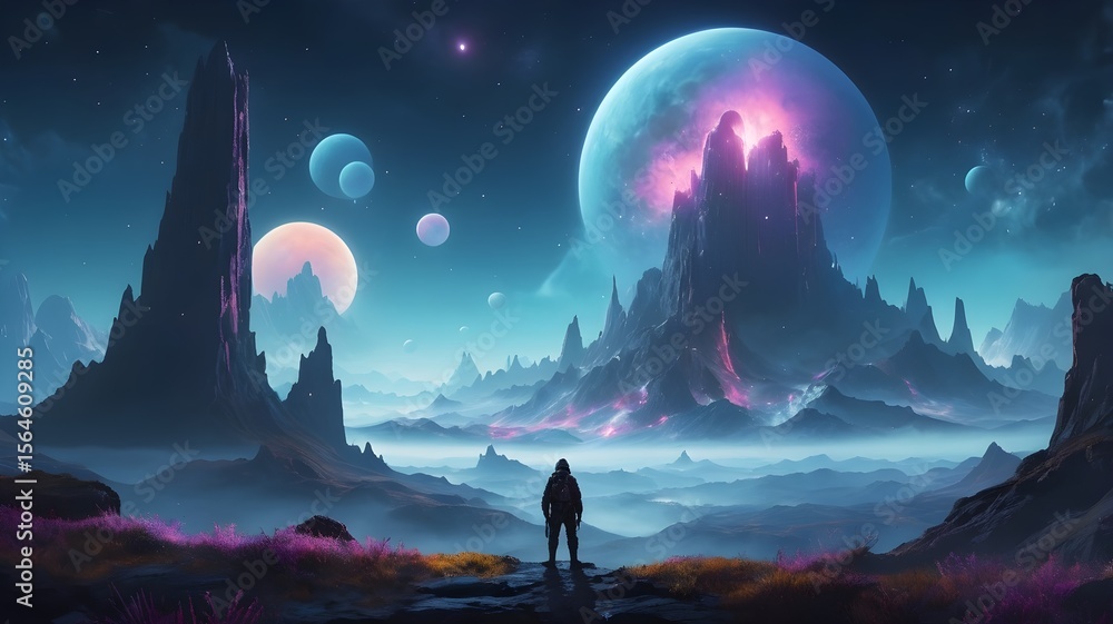 Astronaut on Extraterrestrial World with Multiple Planets Astronaut on Extraterrestrial World with Multiple Planets