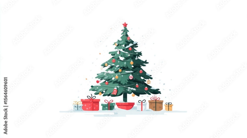 Fototapeta premium Christmas tree with gifts. Snow falling