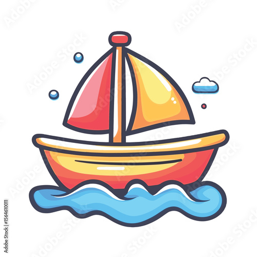 The colored ship is drawn by hand in doodle style, Isolated on a white background, logo