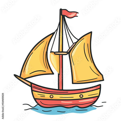 The colored ship is drawn by hand in doodle style, Isolated on a white background, logo