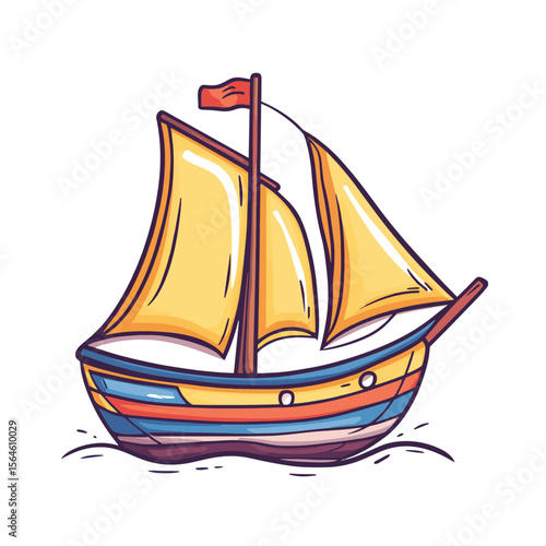 The colored ship is drawn by hand in doodle style, Isolated on a white background, logo