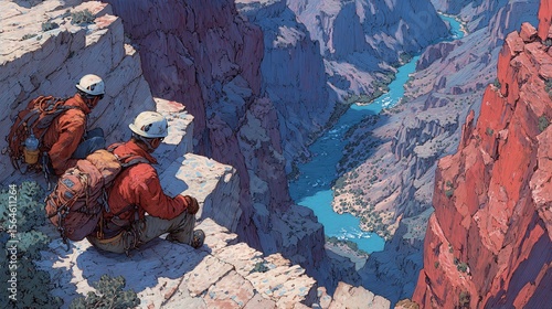 Rescuers Navigating Narrow Ledges Above Grand Canyon Landscape