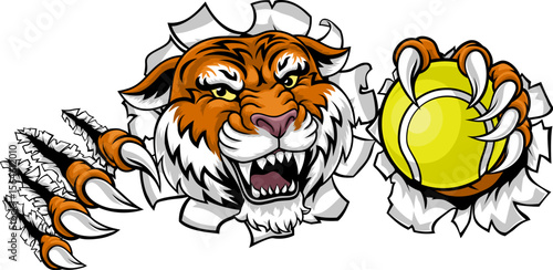 A tiger with a tennis ball sports team animal cartoon mascot