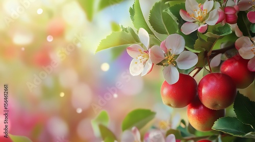 Blossoming crab apple tree branch with red fruit and delicate flowers